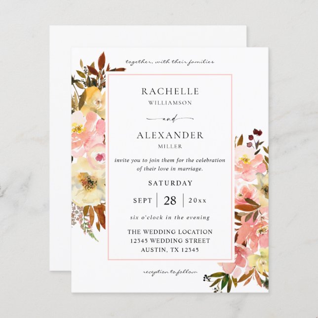 Bonbon budgétaire Fleurs rose et jaune 2 Mariage (Devant / Derrière)