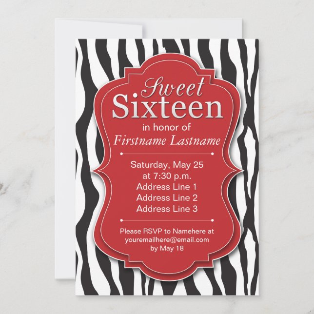 Bonbon rouge à impression de zèbre 16 invitations (Devant)