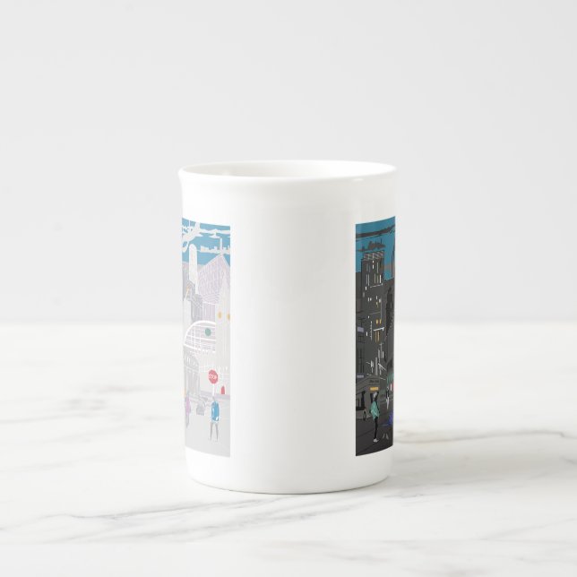 Bone China Mug Manchester UK Night Day Skyline (Devant)