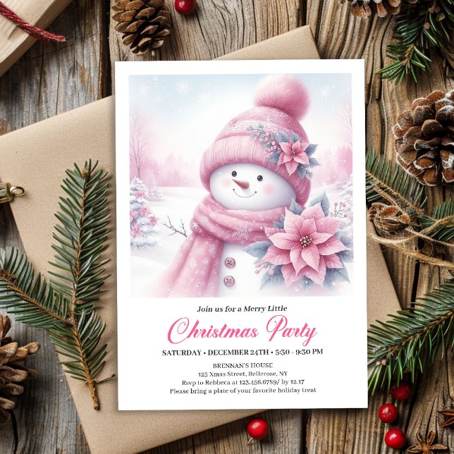 Bonhomme de neige coquette joyeuse Invitation de N (Joyful Coquette Snowman Editable Christmas Invite Download)
