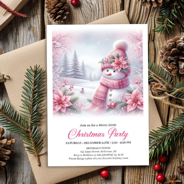 Bonhomme de neige rose joyeux Invitation de Noël p (Merry Pink Snowman Editable Christmas Kids Invite Digital)