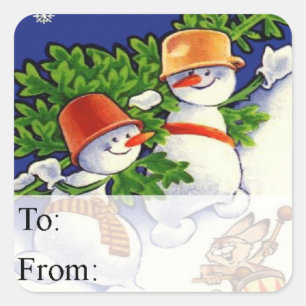 Bonhommes de neige avec étiquette de cadeau vintag