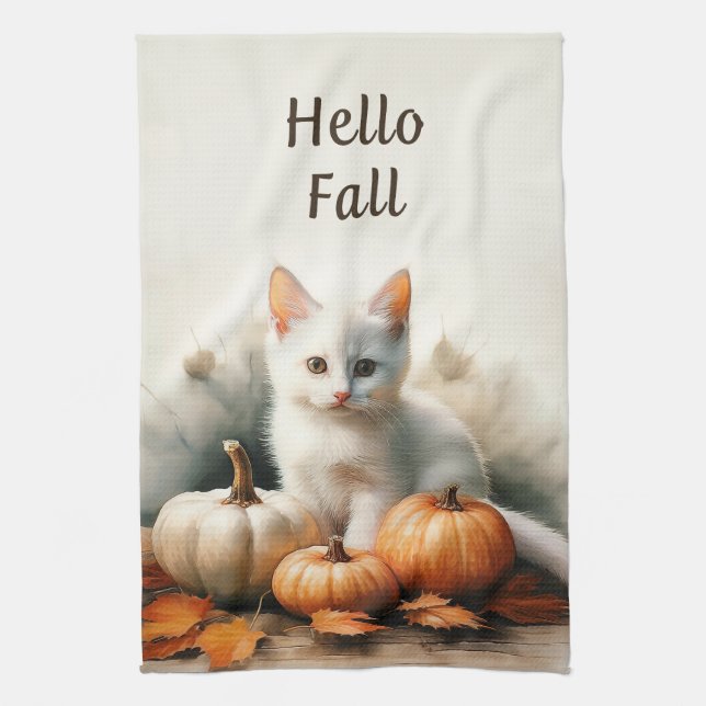 Bonjour Automne Blanc Kitten Serviette de cuisine (Vertical)
