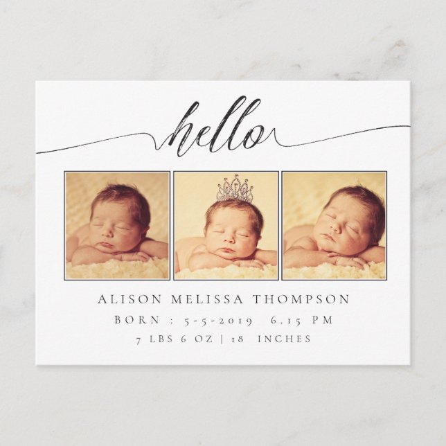 Bonjour Baby Faire-part de naissance 3 Photo carte (Devant)