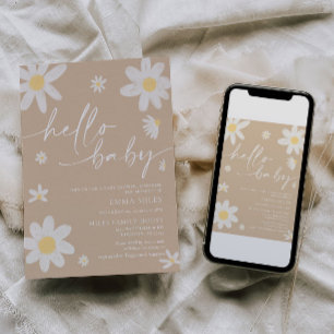 Bonjour Bébé Daisy Baby shower beige Invitation