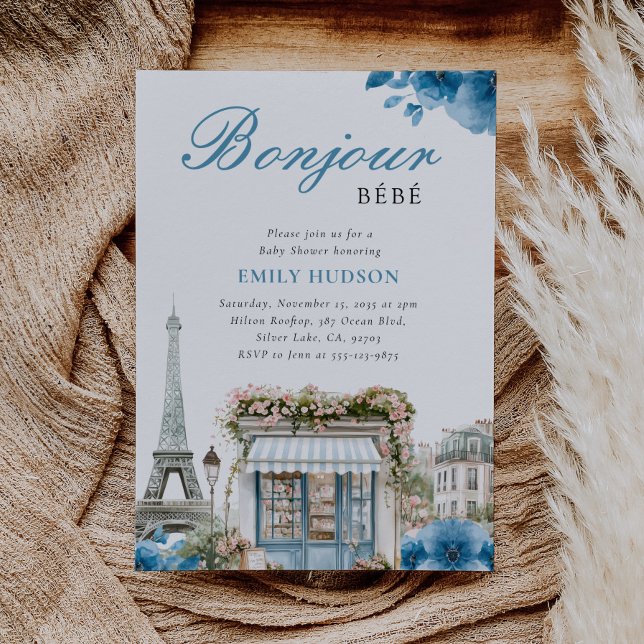Bonjour Bebe French Blue Baby Shower Invitation (Créateur téléchargé)