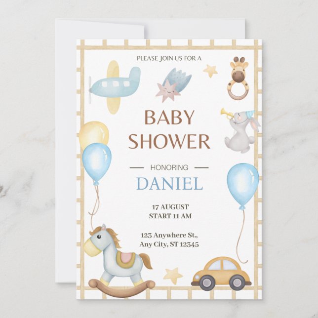 Bonjour bébé | Invitation Baby shower de jouets Wh (Devant)