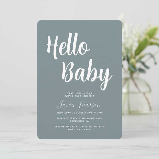 Bonjour bébé Rustic Blue Baby shower Invitation (Debout devant)