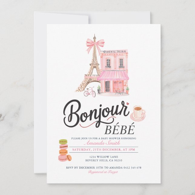 Bonjour Blush Pink French Baby shower Invitation (Devant)