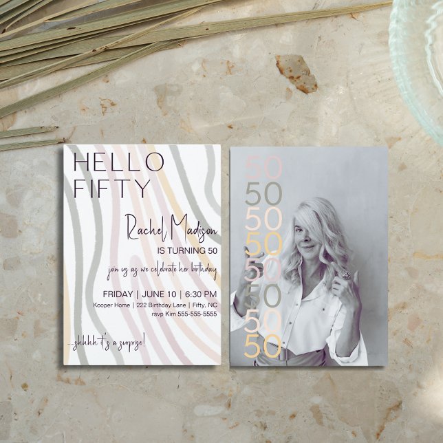 Bonjour Cinquante Simple Vague Douce Invitation An (Hello Fifty Simple Soft Wave Birthday Invitation
)