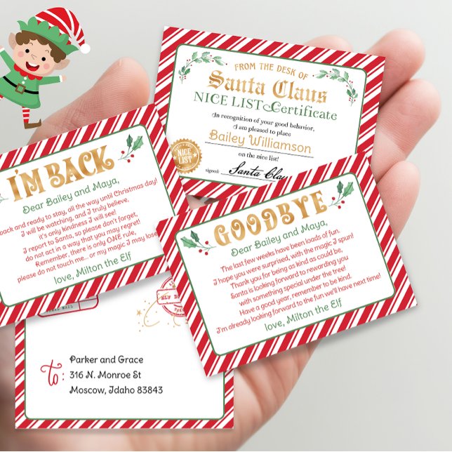 Bonjour Elf Adieu Elf Pôle Nord Nice certificat (mini elf letter, print from home mini elf letters mini santa nice certificate letters)