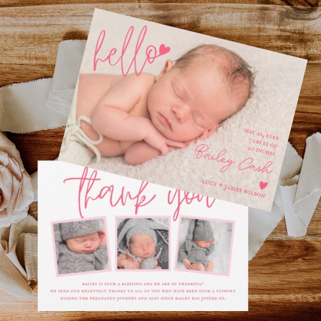 Bonjour et Merci Faire-part de naissance rose (birth announcement, baby announcement, pink, overlay, template, thank you, hello, heart, download)