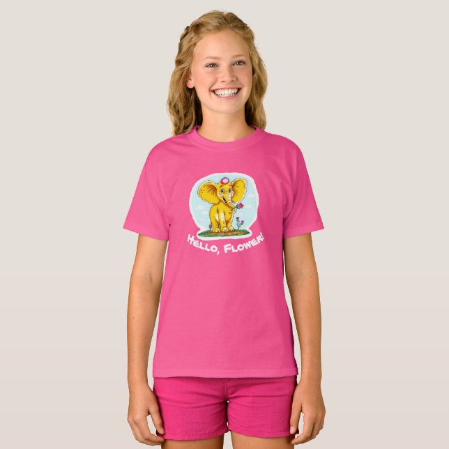 « Bonjour, Fleur ! – T-shirt éléphant jaune mignon (Devant entier)