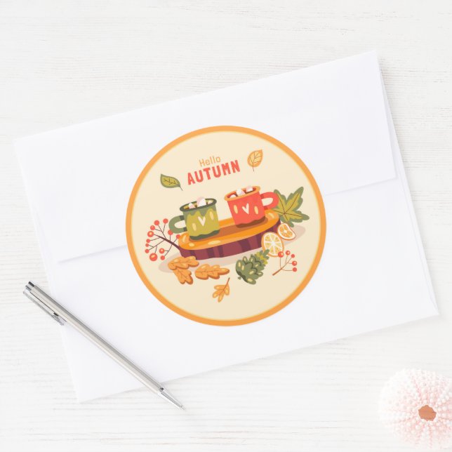 Bonjour l'automne Autocollant rond classique (Enveloppe)