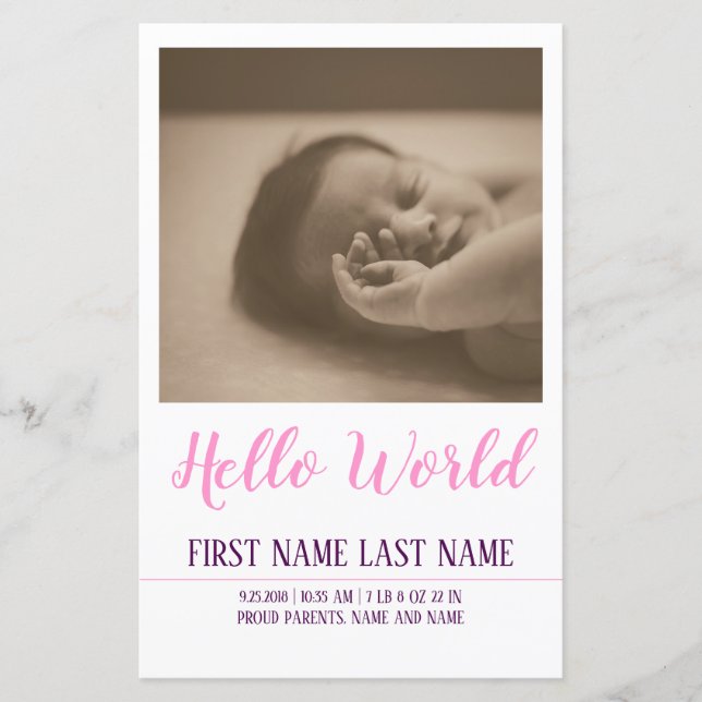 Bonjour le Monde - annonce de naissance avec photo (Devant)