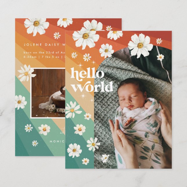 Bonjour le monde | Annonce de naissance rétro boho (Devant / Derrière)