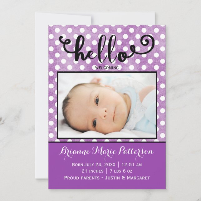 bonjour photo violet - Faire-part de naissance (Devant)