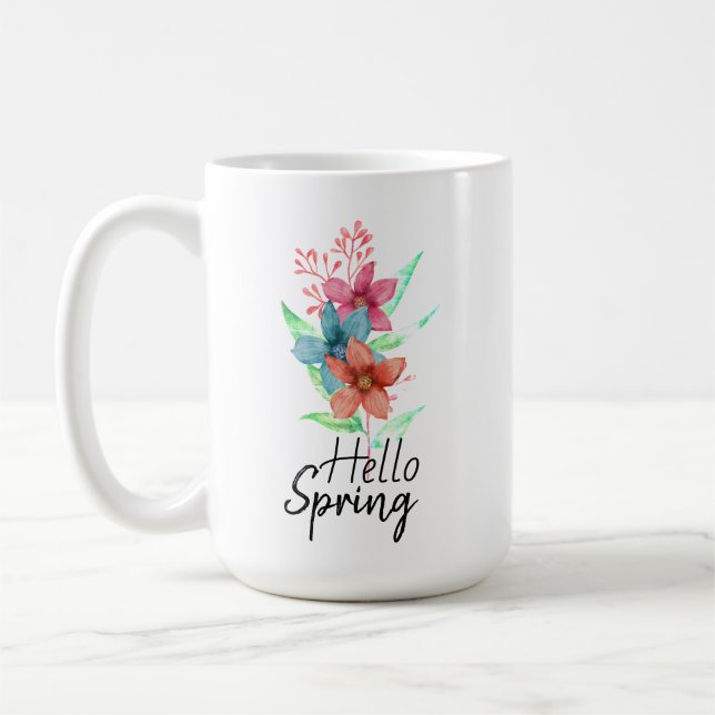 Bonjour Printemps Aquarelle Fleurs Café Mug (Gauche)