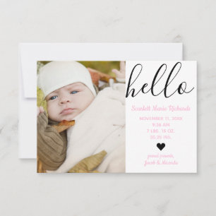 Bonjour Script Photo Rose - 3x5 Faire-part de nais