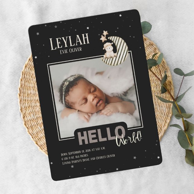 Bonjour World Baby Faire-part Card (Baby arrival card featuring a striped crescent moon, starry night design, and personalized details.)