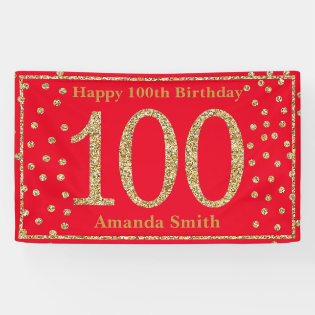 Bonne 100e anniversaire Bannière Red Gold Parties  (Horizontal)
