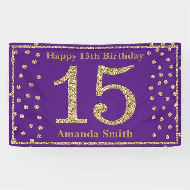 Bonne 15e anniversaire bannière violet et Parties  (Horizontal)