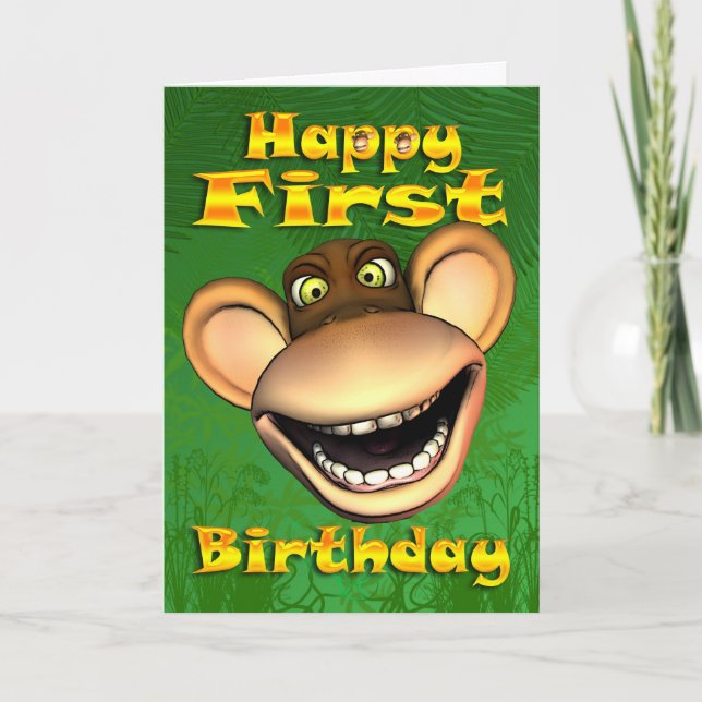 Bonne 1ère carte d'anniversaire de singe Banane d' (Devant)