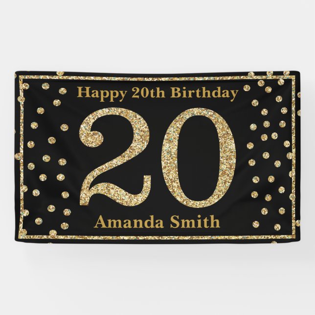 Bonne 20e anniversaire bannière Black and Gold Par (Horizontal)