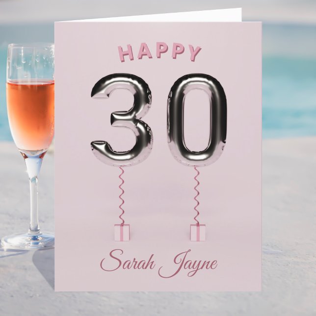 Bonne 30e carte d'anniversaire (A pretty pink and silver large 30th Birthday Card. Just add a name and personal greeting inside)