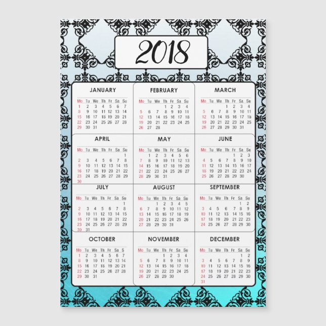 Bonne année 2018 Aqua Bleu Calendrier magnétique (Devant)