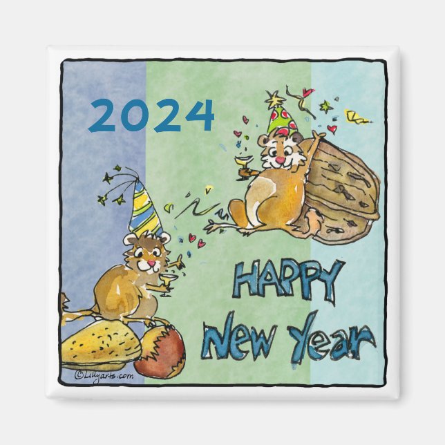 Bonne année 2024 Chipmunks Cartoon Magnet (Devant)