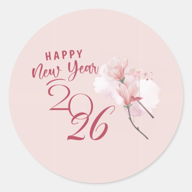 Bonne année 2026 Autocollant rond floral rose (Devant)
