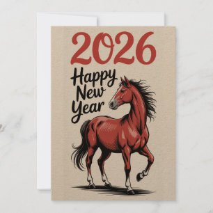 Bonne année 2026 Carte Cheval Rouge Illustration