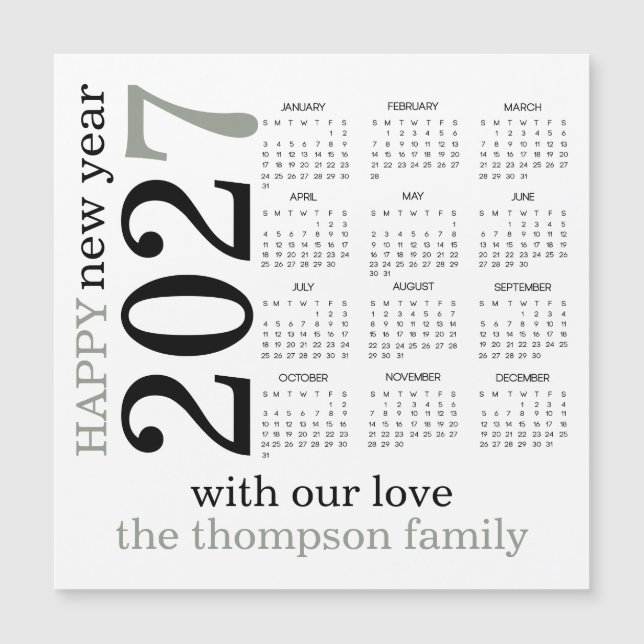 Bonne année 2027 Calendrier blanc vert sauge  (Devant)