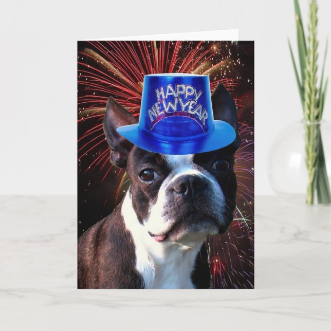 Bonne année Boston terrier carte de voeux (Devant)