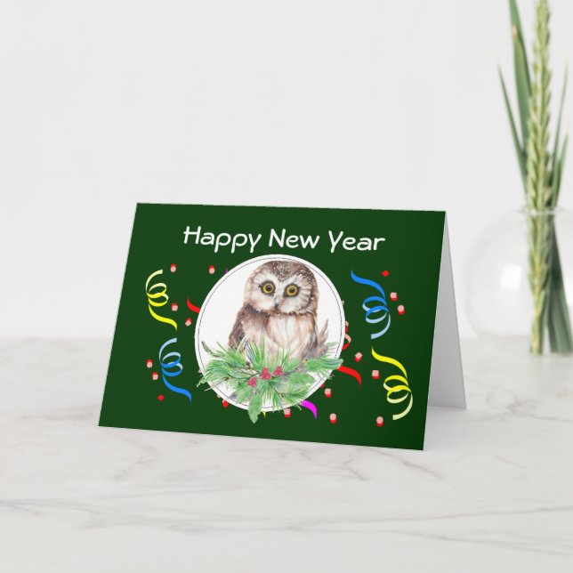 Bonne année, carte de vœux de chouette oiseau mign (Devant)