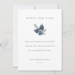 Bonne année carte plate aux pommes de pin bleues