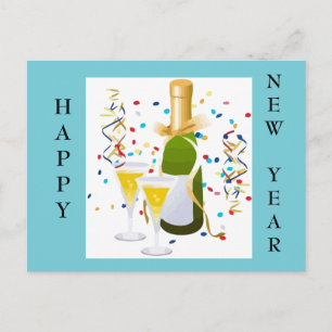 Bonne année champagne confetti bleu carte postale