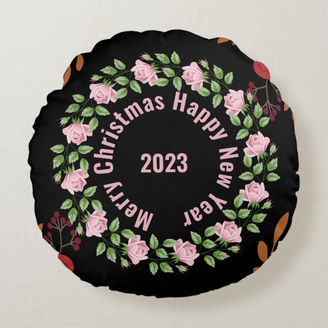Bonne année Floral Coussin rond (Devant)