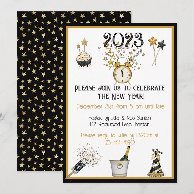 Bonne année Horloge Invitation de fête (Devant / Derrière)