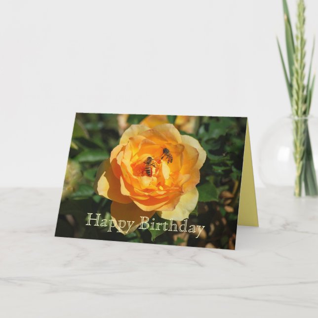 Bonne Anniversaire Rose Jaune avec carte d'abeille (Devant)
