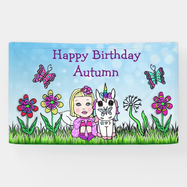 Bonne bannière d'anniversaire Unicorn et Fairy (Horizontal)