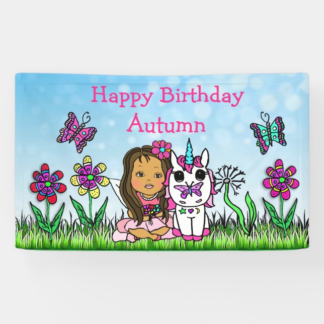Bonne bannière d'anniversaire Unicorn et Fairy (Horizontal)