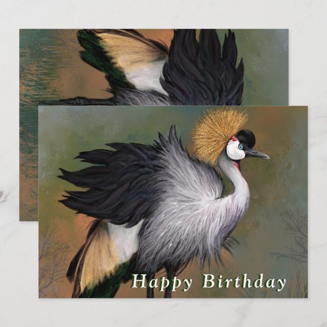 Bonne carte d'anniversaire avec Gris Crowned Crane (Devant / Derrière)
