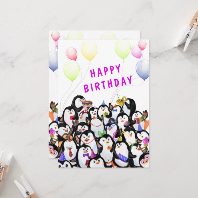 Bonne carte d'anniversaire avec Happy Penguin Part (Devant/Arrière en situation)