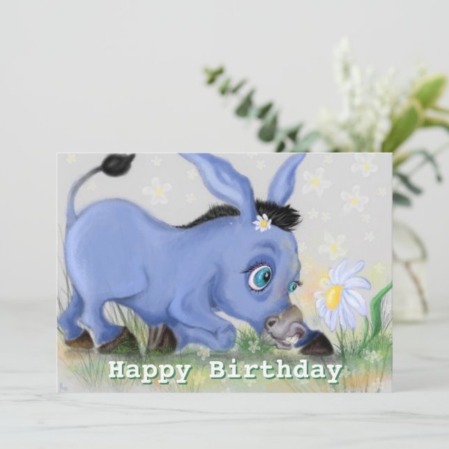 Bonne carte d'anniversaire avec petit âne et margu (Debout devant)