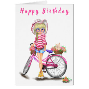 Bonne carte d'anniversaire Blonde Girl avec Vélo r