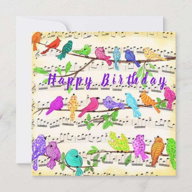 Bonne carte d'anniversaire Colorful Musical Birds  (Devant)