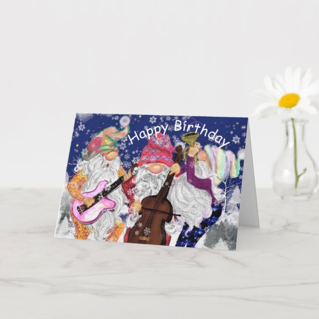 Bonne carte d'anniversaire Happy Gnomes Music Band (Petite plante)