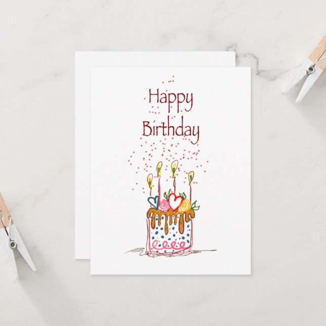 Bonne carte de gâteau Doodle Birthday (Devant/Arrière en situation)